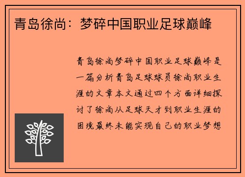 青岛徐尚：梦碎中国职业足球巅峰