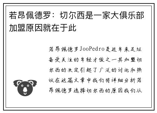 若昂佩德罗：切尔西是一家大俱乐部加盟原因就在于此