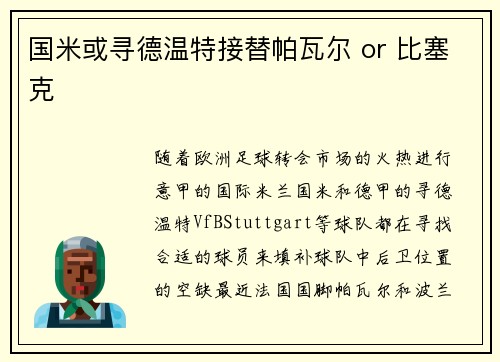 国米或寻德温特接替帕瓦尔 or 比塞克