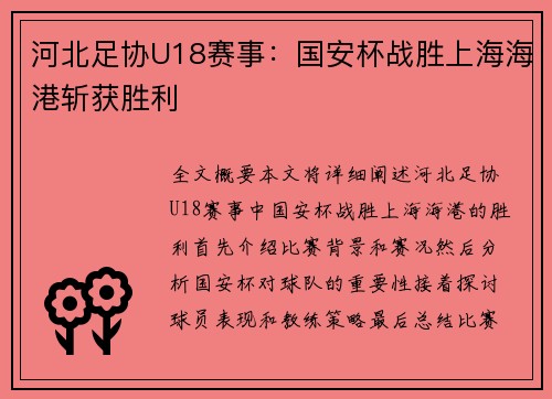 河北足协U18赛事：国安杯战胜上海海港斩获胜利