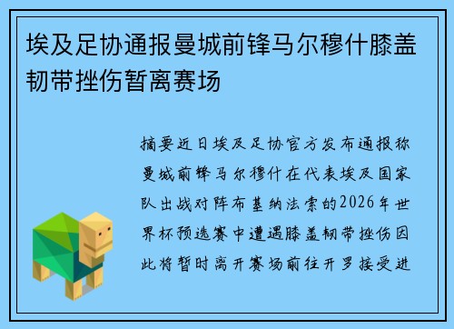 埃及足协通报曼城前锋马尔穆什膝盖韧带挫伤暂离赛场